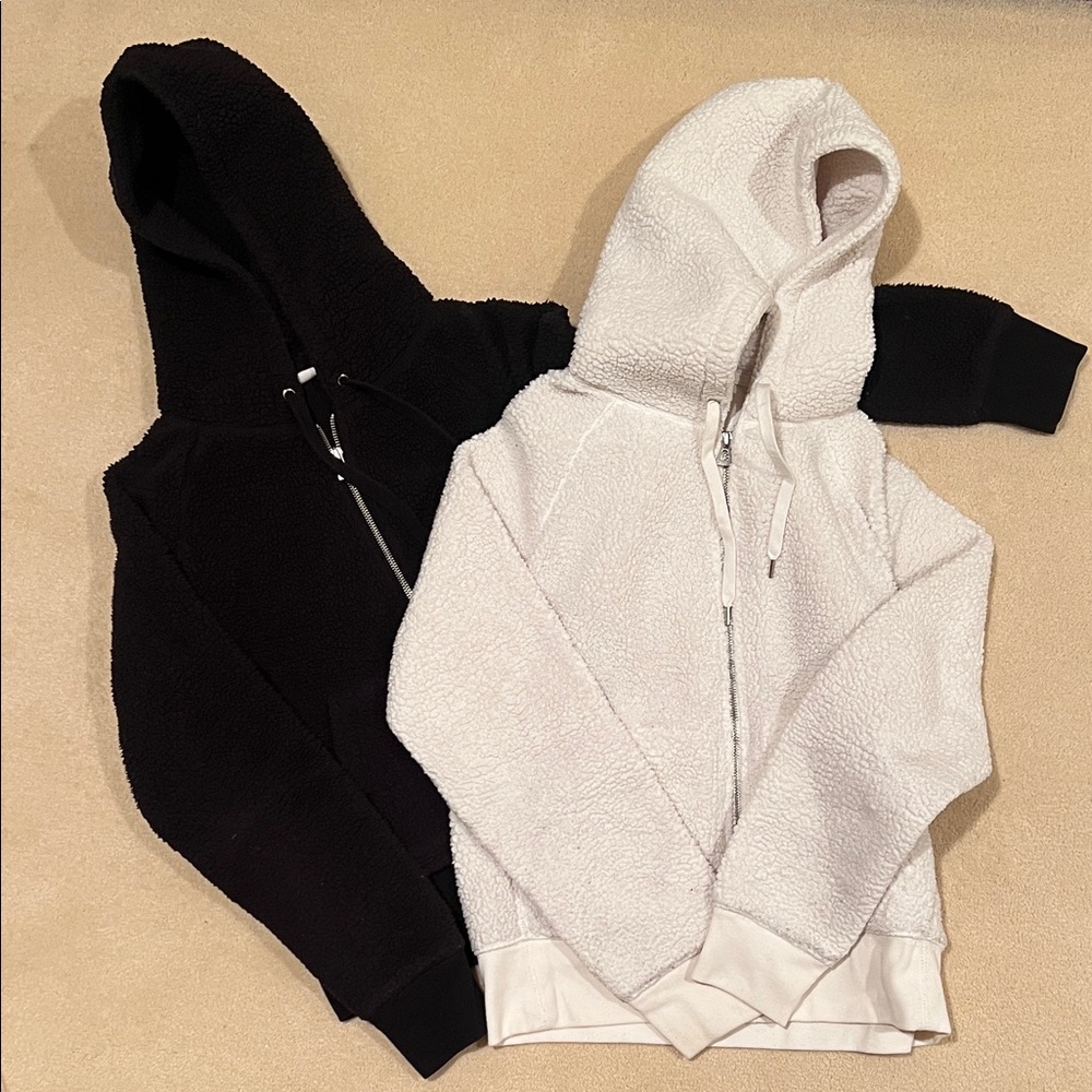 set of 2 black and off white sherpa fleece zip up hoodies